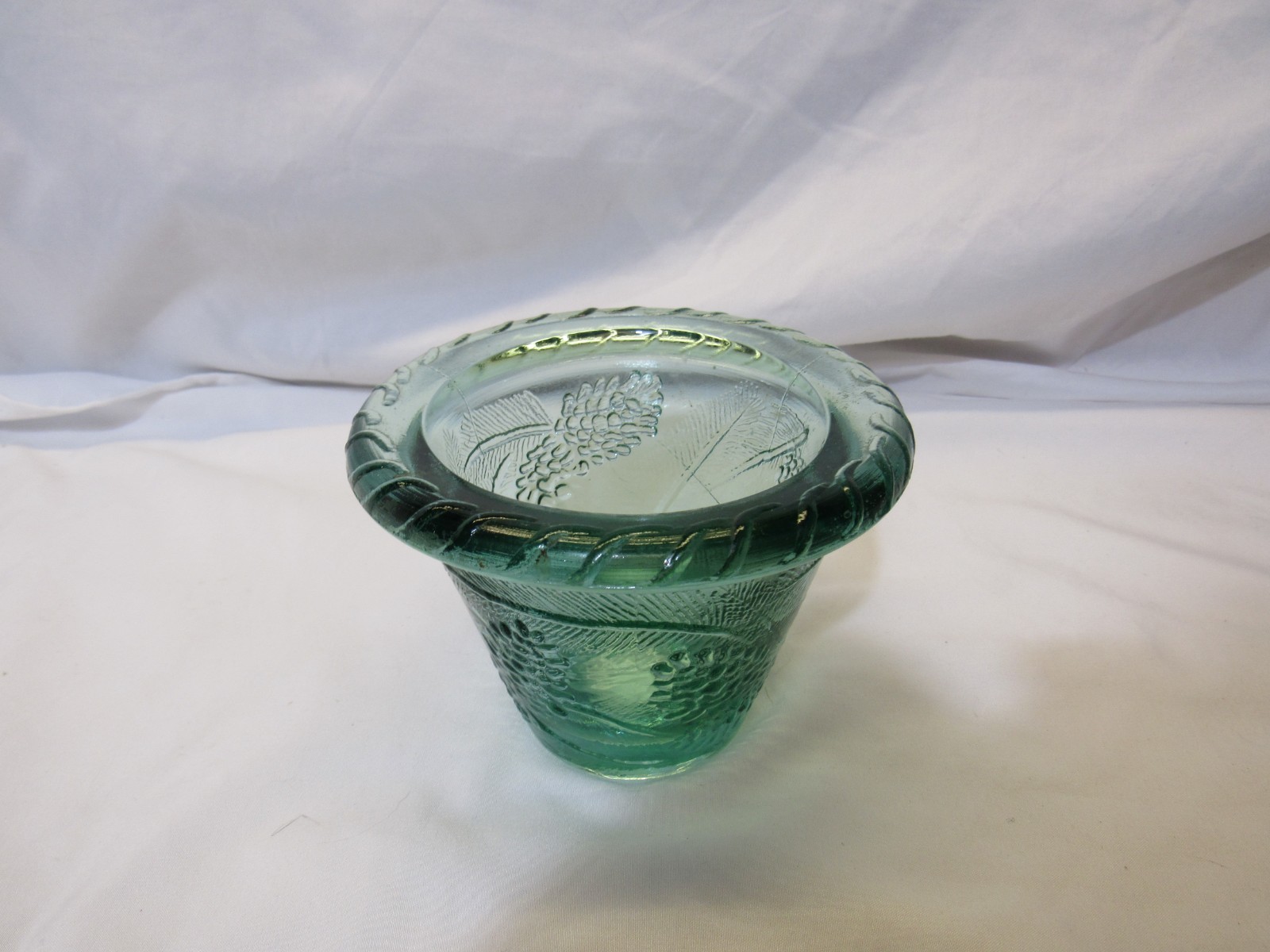 Heavy Green Glass Flower Pot Pine Cone Pattern Imported From Spain