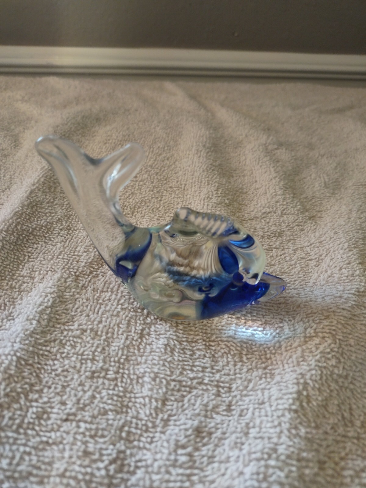 Hand Made Blown Glass Clear And Blue Fish Figurine