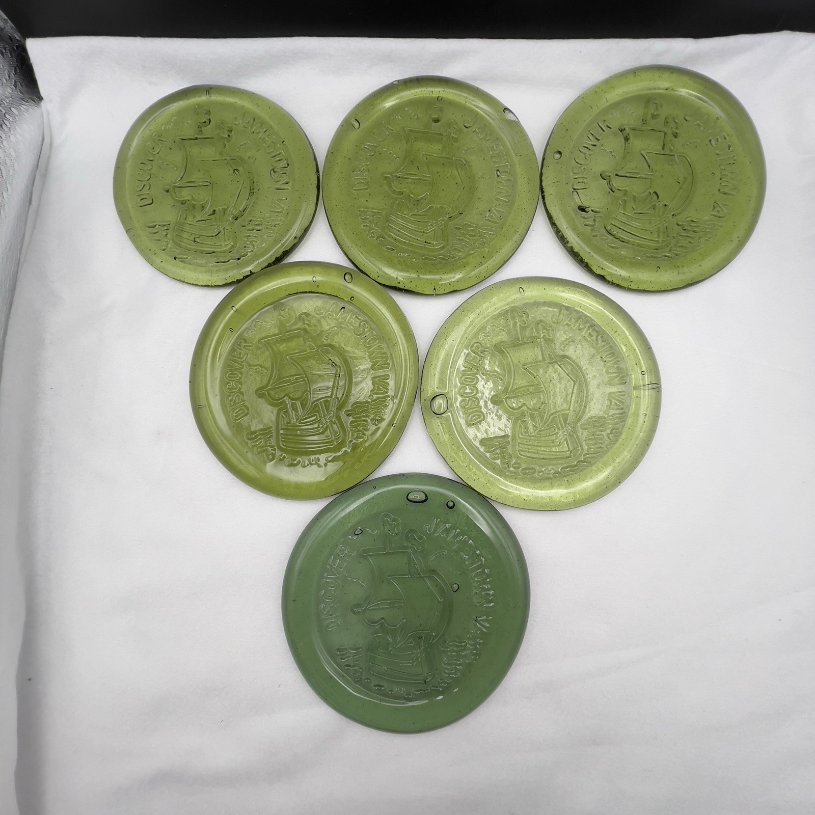 Vintage Jamestown Green Glass Paperweight Coaster ~ Set of 6