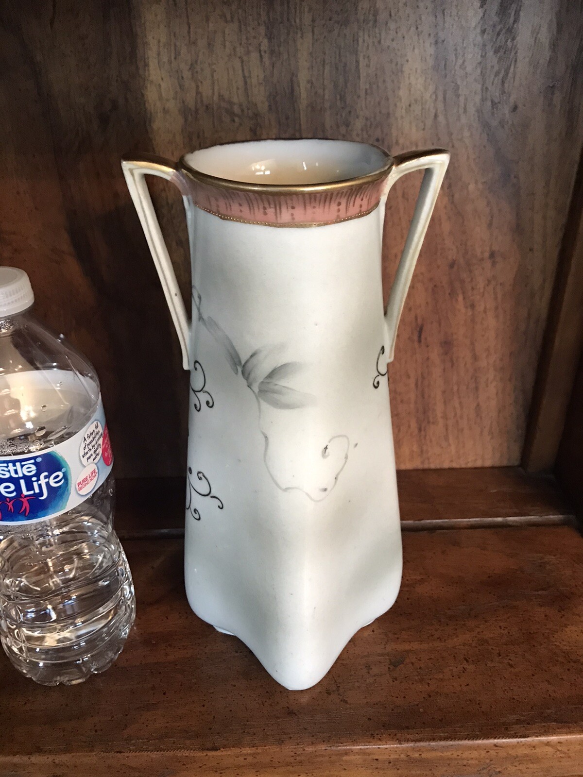 Hand Painted Nippon Vase. 9.5 Inches Tall. Double Handled Pink Flowers.