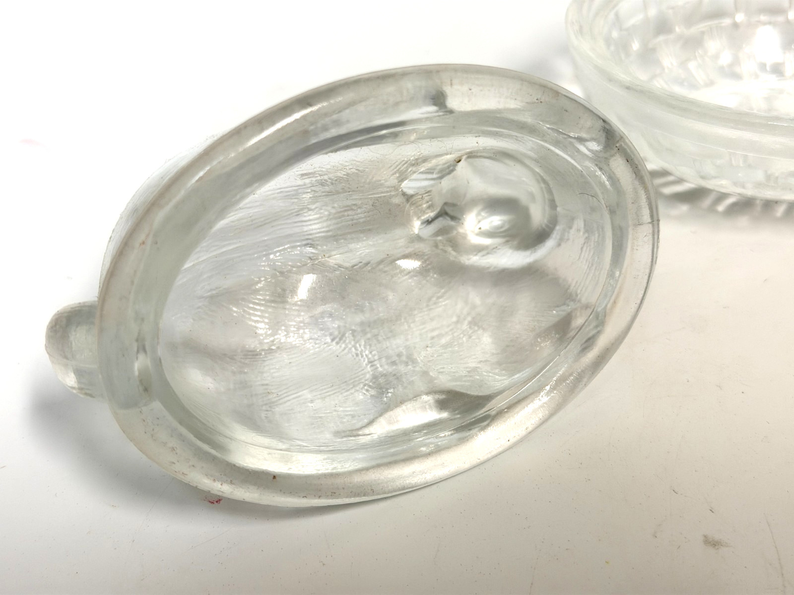 Vtg LE Smith Clear Glass Rabbit on Nest Covered Candy Trinket Dish Easter Decor