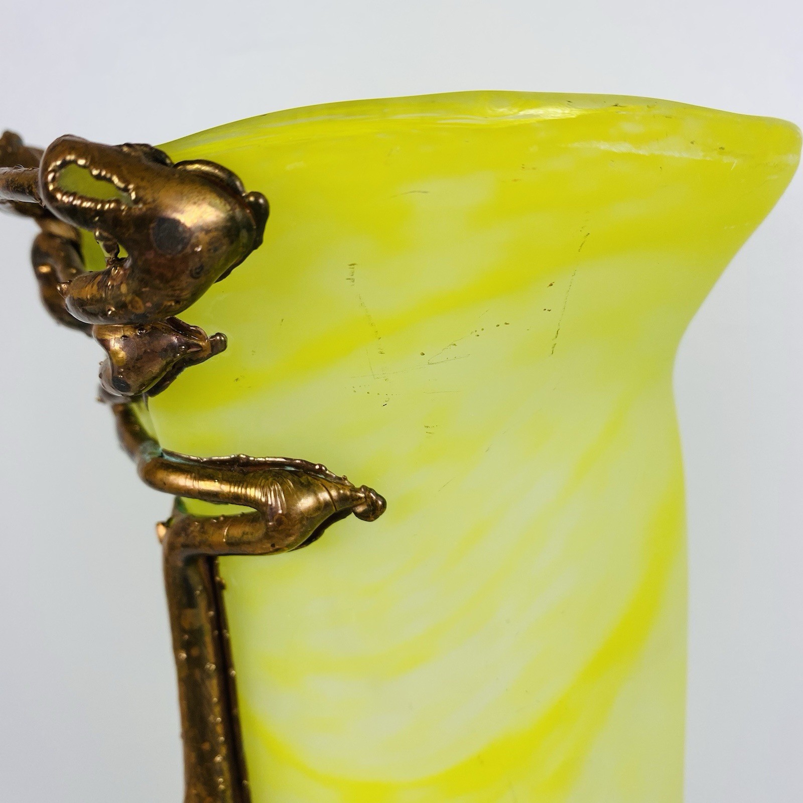 Filip Ravert Style Romblast Frosted Yellow Vase Applied Bronze Into Rim Romania