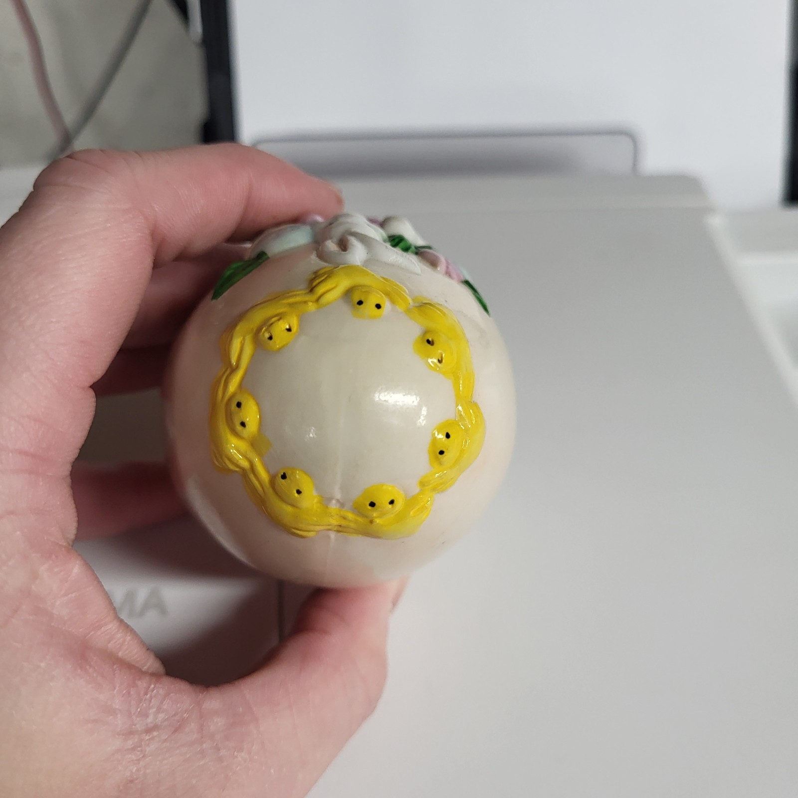 Vintage Ceramic Pedestal Easter Egg With Bunny and Eggs Rabbit Baby Chicks