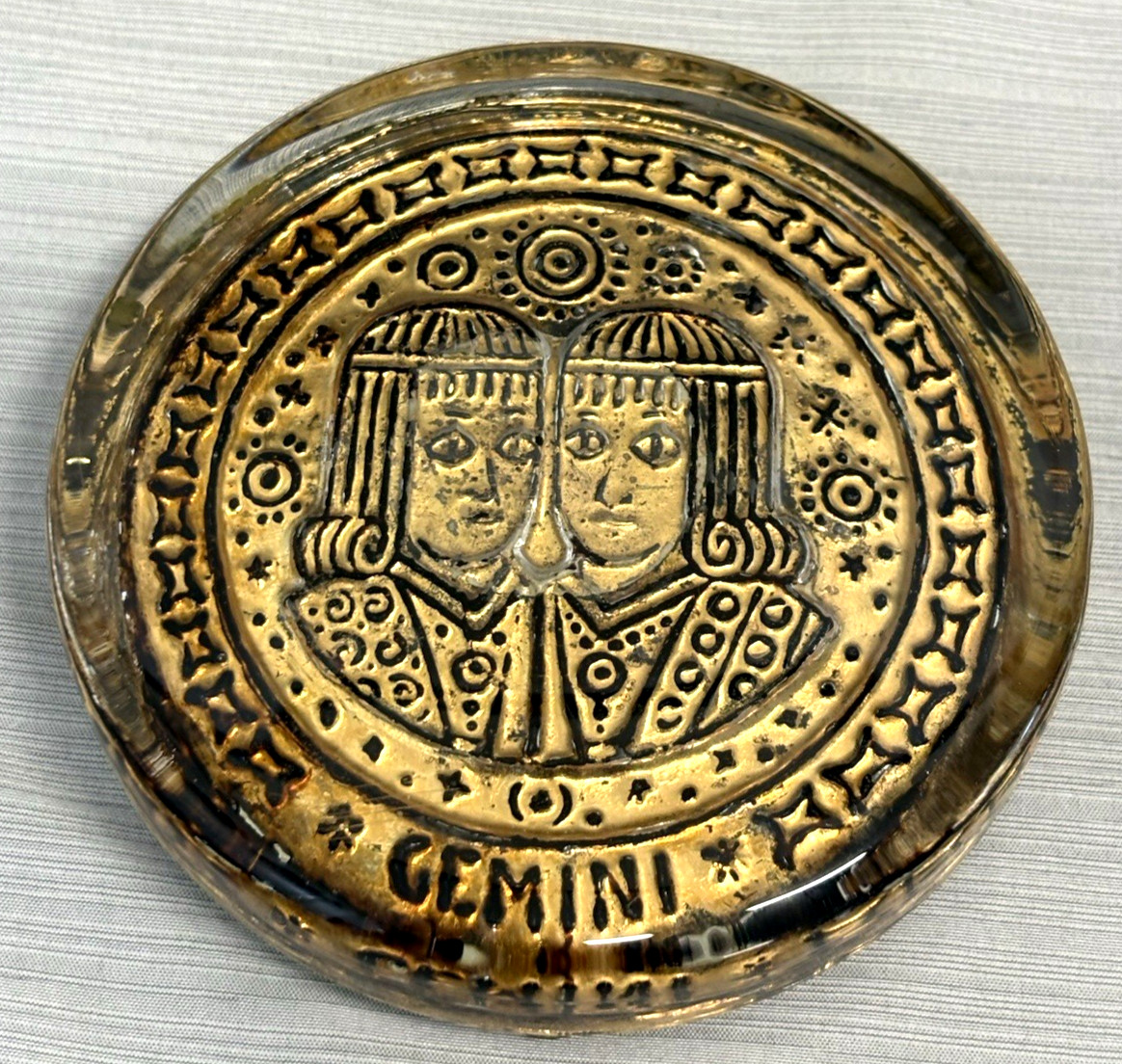 Italian Venetian Glass Gold Leaf Embossed GEMINI TWINS Zodiac Art Paperweight