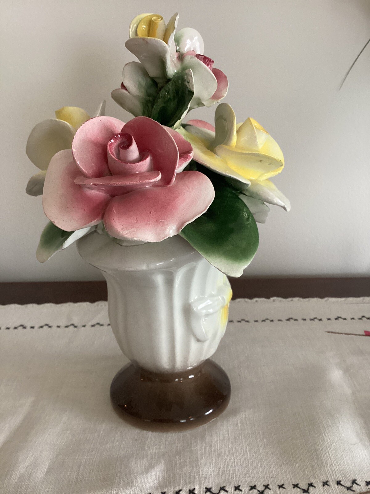 Vintage Porcelain Capodimonte Medium Size Vase of Pink and Yellow Roses