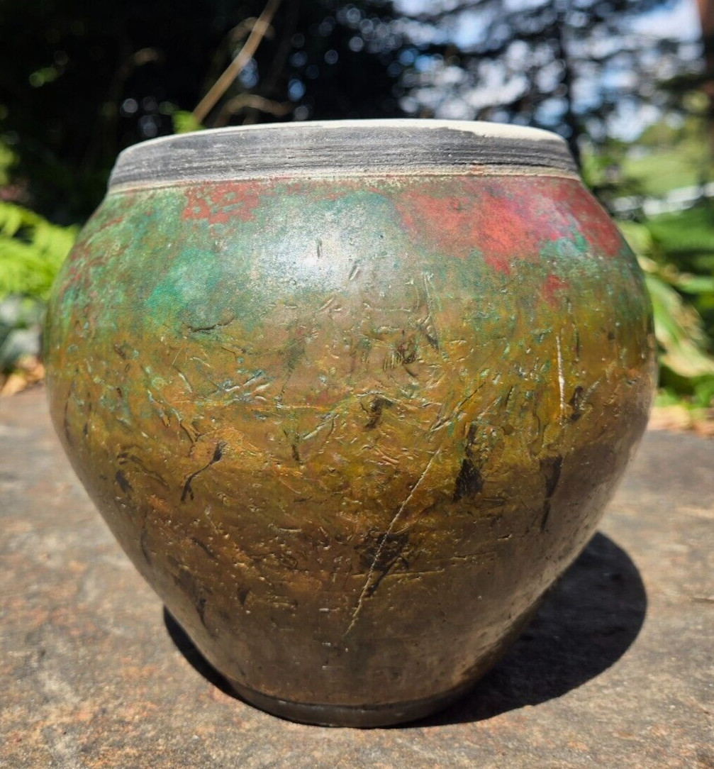 VIntage Pewabic Iridescent Glaze Turquoise Red etc Art Pottery Ewer Vase Signed