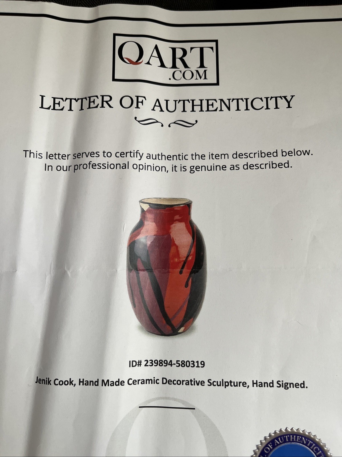 Jenik Cook Signed Handmade Ceramic Vase Sculpture with QArt Certificate
