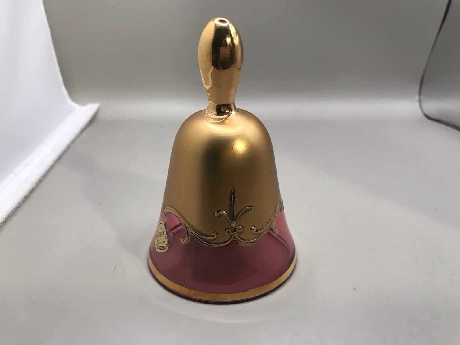 Bohemia Glan Made In Czechoslovakia Cranberry Bell With Gold And White Flower