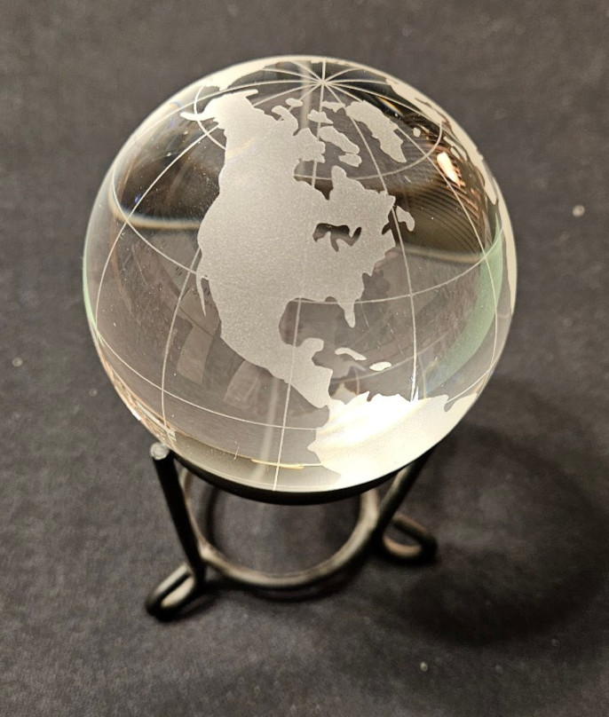 VINTAGE Clear Etched GLASS Globe Of World With Stand HEAVY 10″ circumference 3″d