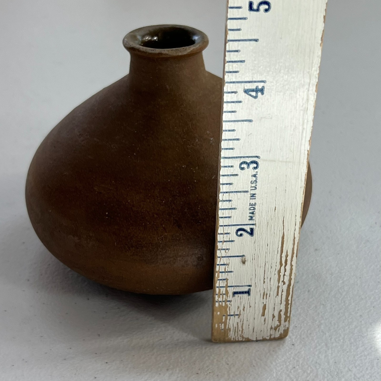 Handmade Vase Clay Brown Round Flat 1989 Signed MKS Vintage