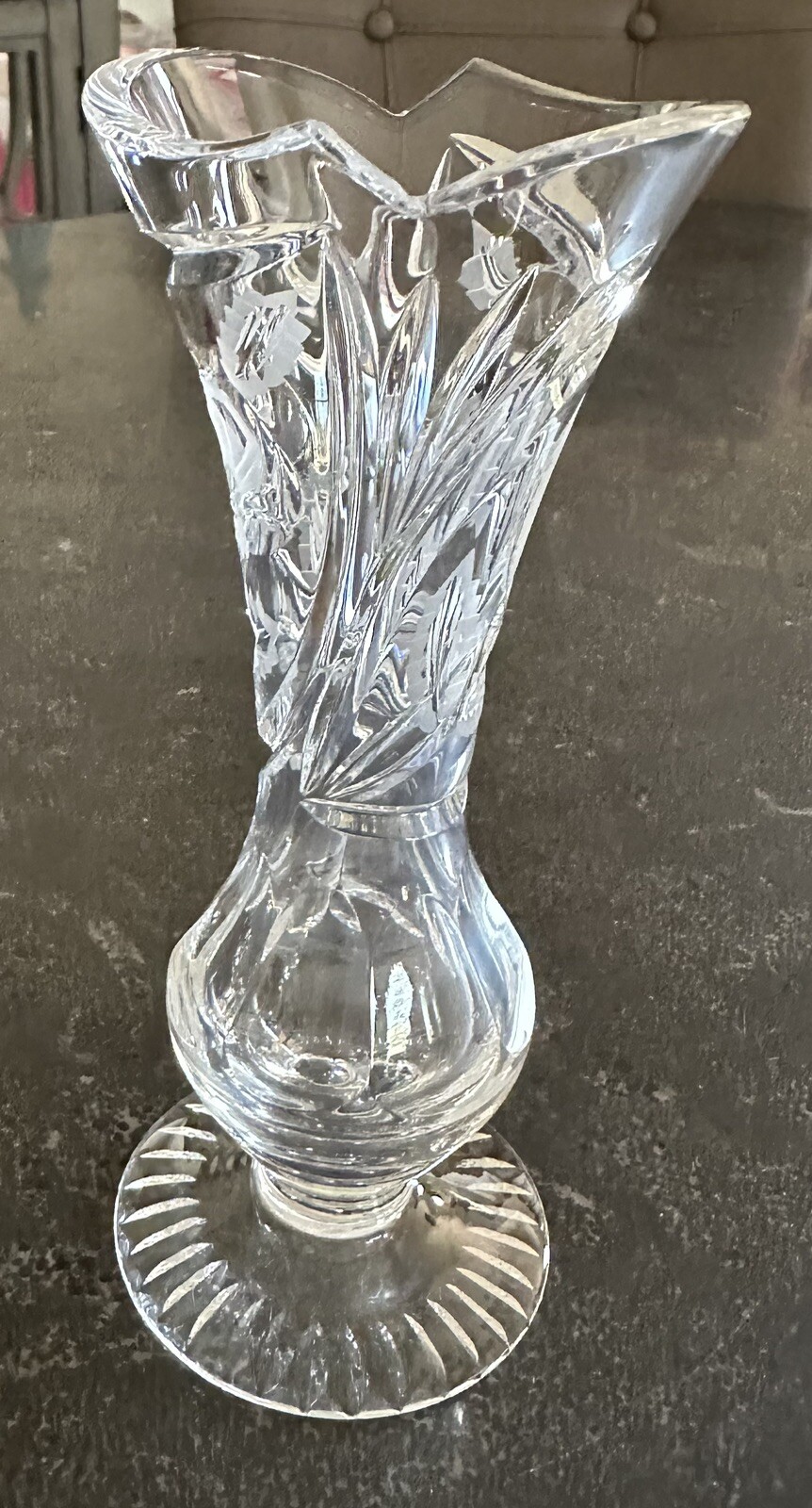 Vintage Dresden Clear Lead Crystal Cut Glass Vase 7” Hand-Cut Beautiful