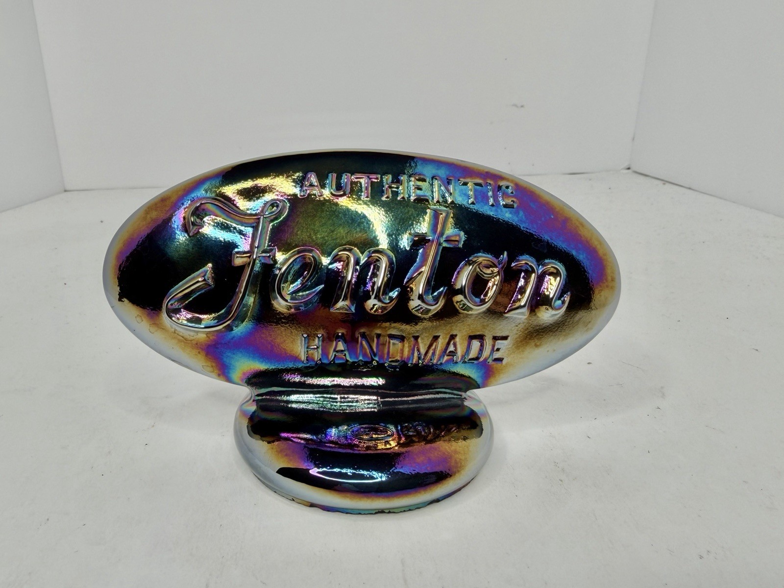 Vintage Authentic Fenton Iridescent Amethyst Carnival Art Glass Logo Dealer Sign