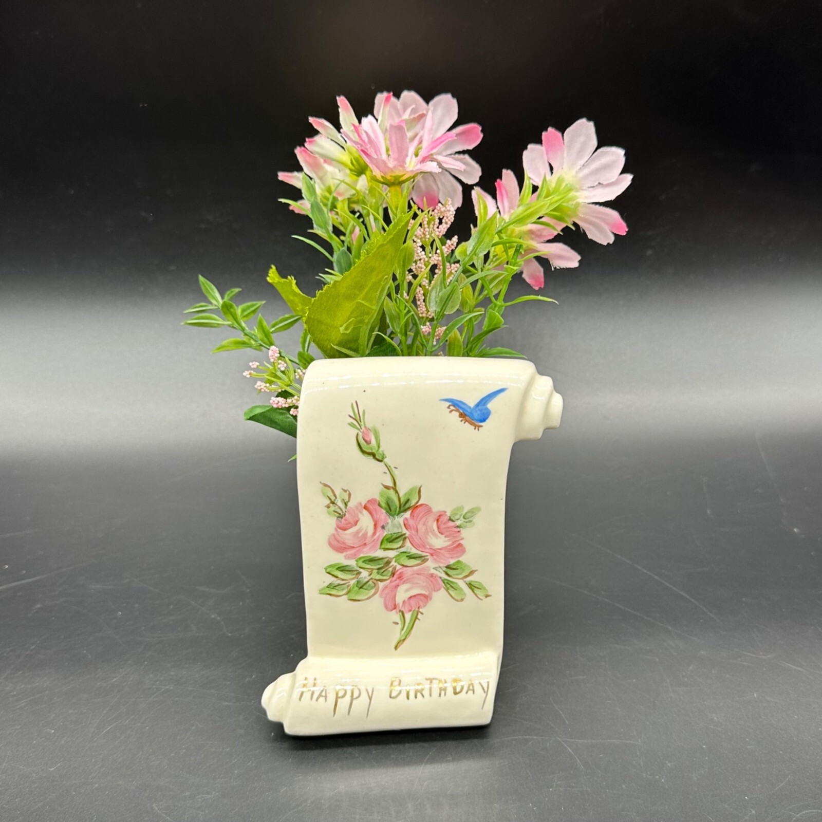 Vintage Happy Birthday Gift Wall Pocket Vase Flowers 1950s Ceramic Kitsch Decor