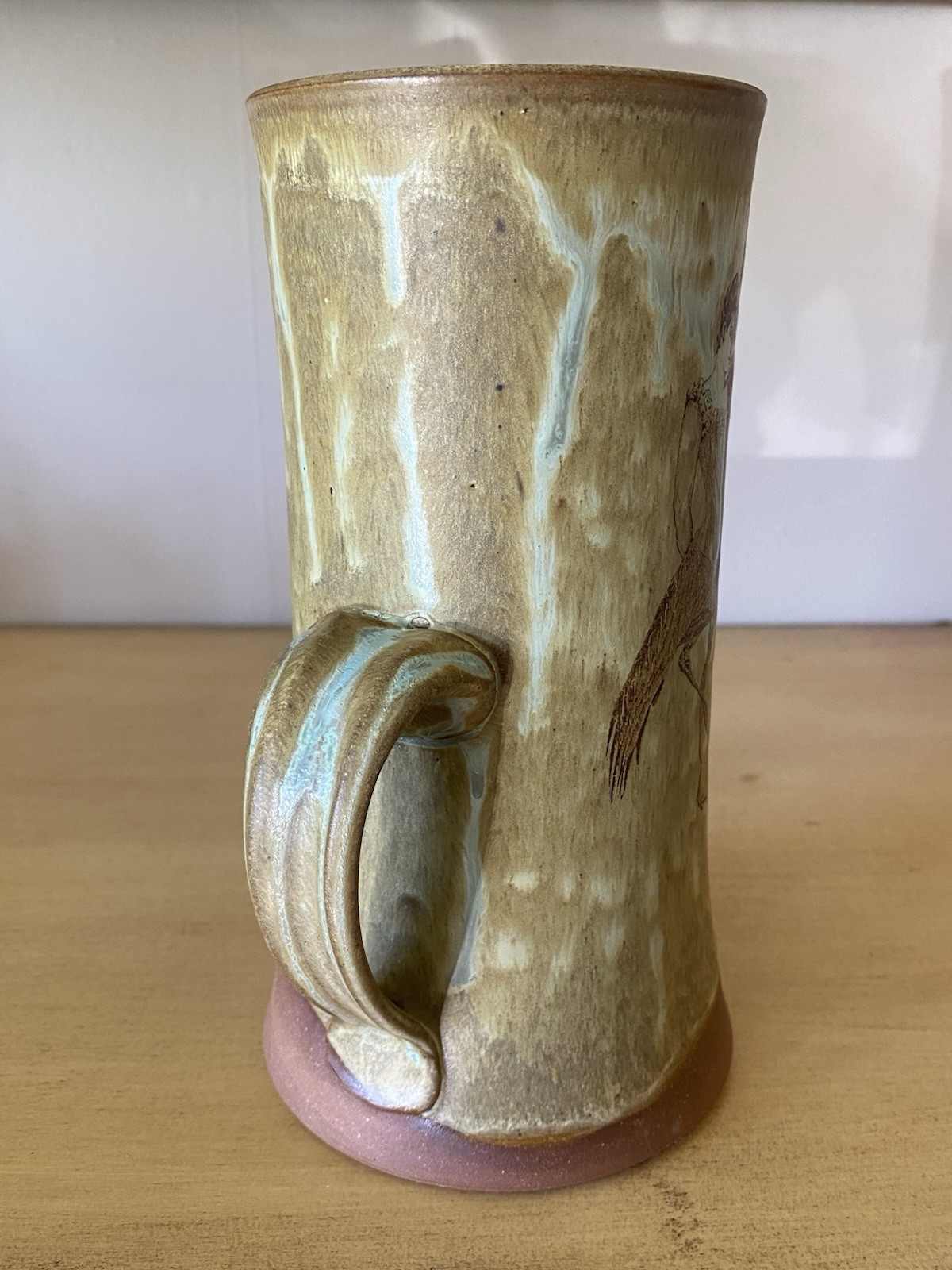 Handmade Pottery Tankard Whimsical Victorian Lady Bird Signed 7 5/8”H Artisan