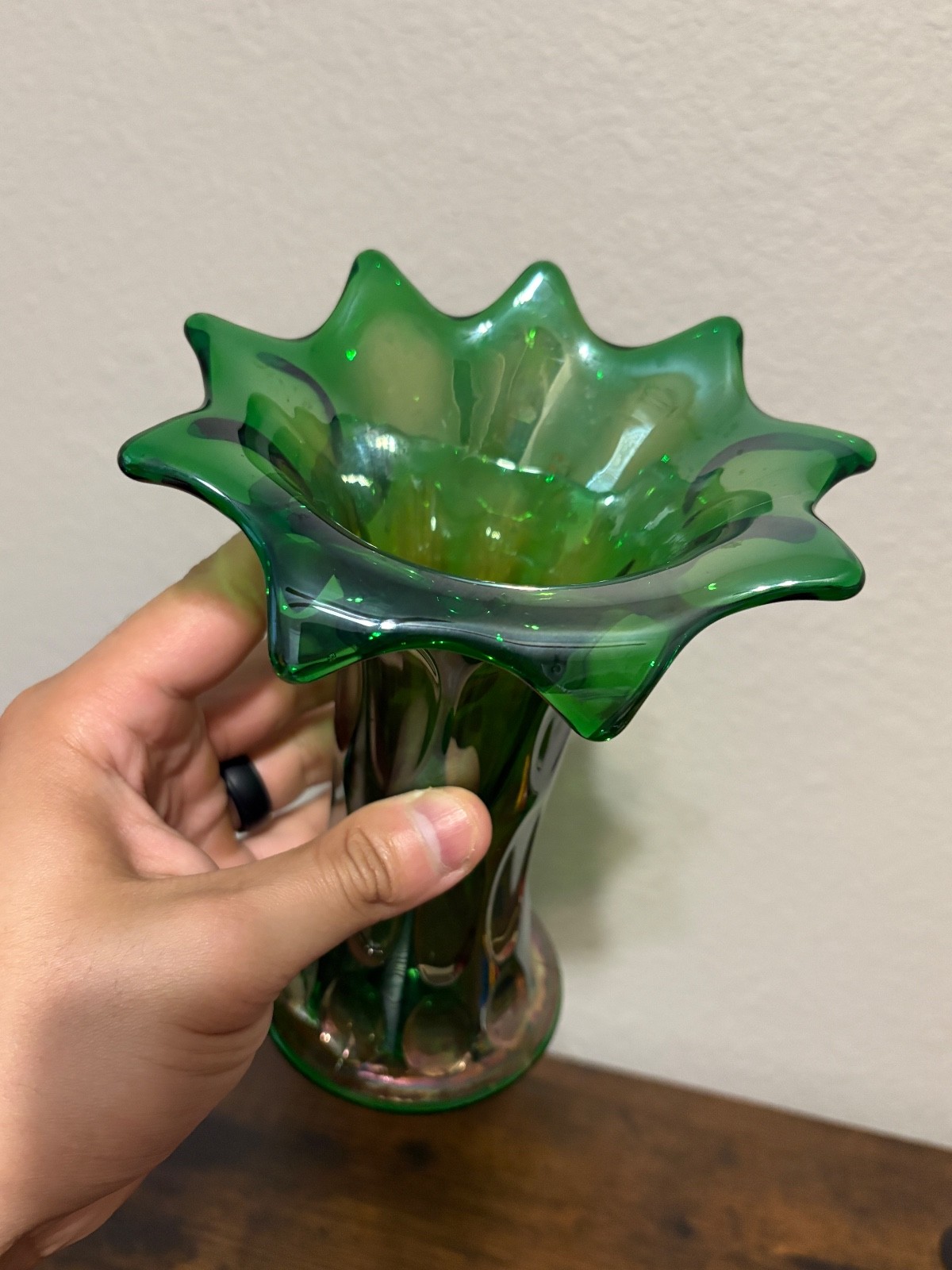 PAIR Of ANTIQUE FENTON Green Iridescent LONG THUMBPRINT Carnival Glass Vases