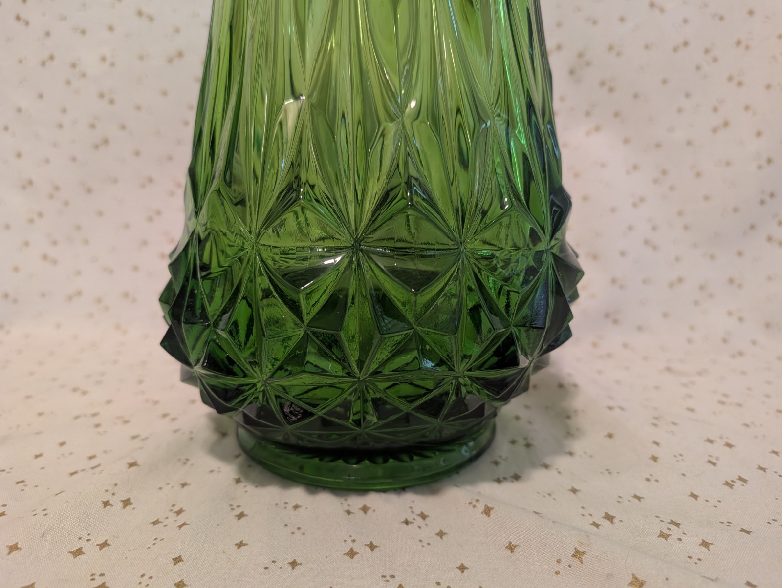 L.E. Smith Diamond Butt Swung Vase Avocado Green 22” MCM Glass