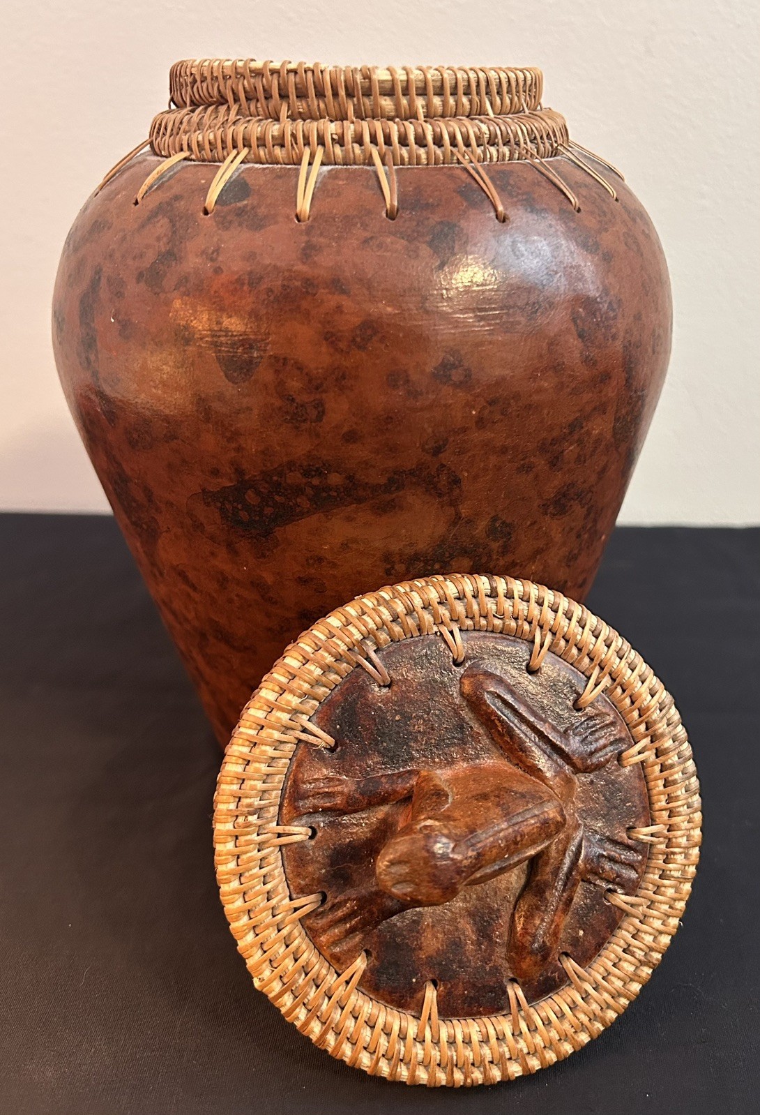 Lombok Indonesia Handmade Pottery Jar with Frog & Woven Lid 8.5″ Terracotta Vase