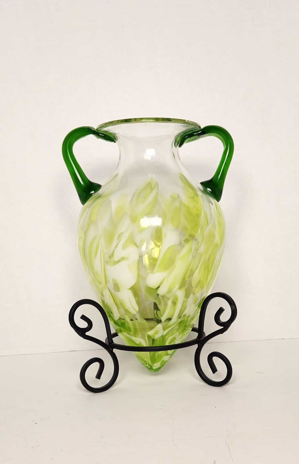 VTG Yalos Murano Glass Variegated Green Amphora Vase With Cast Iron Metal Stand