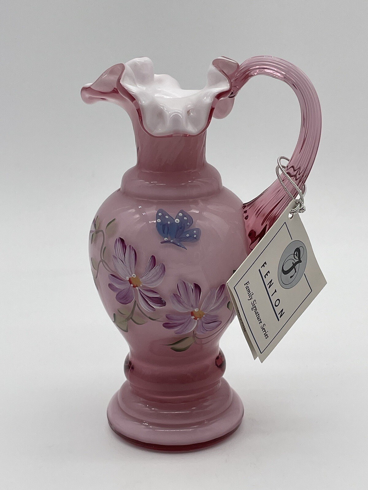 Vintage 1996 Lynn Fenton Art Glass Asters on Dusty Rose Overlay Pitcher #2071