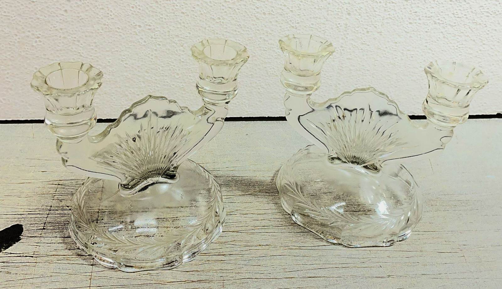 2 TWO Glass Double Candlestick Antique JEANNETTE Depression Herringbone 1935