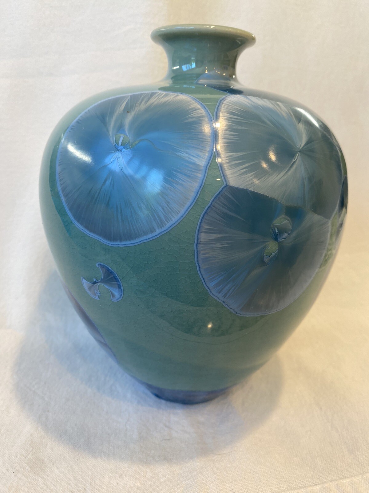 Signed Louise Reding High Fired Crystalline Glaze 7.5” Tall Vase Green Blue Mint