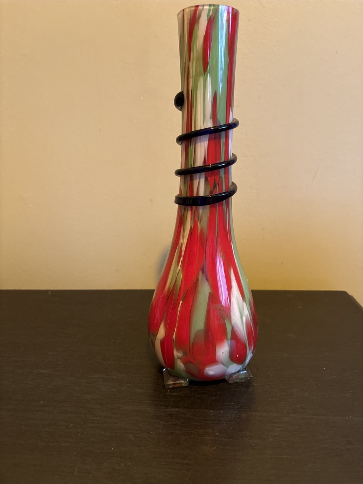 Czech Art Glass End Of Day Ribbed Serpentine Snake Coil Vase Red Green White 12”