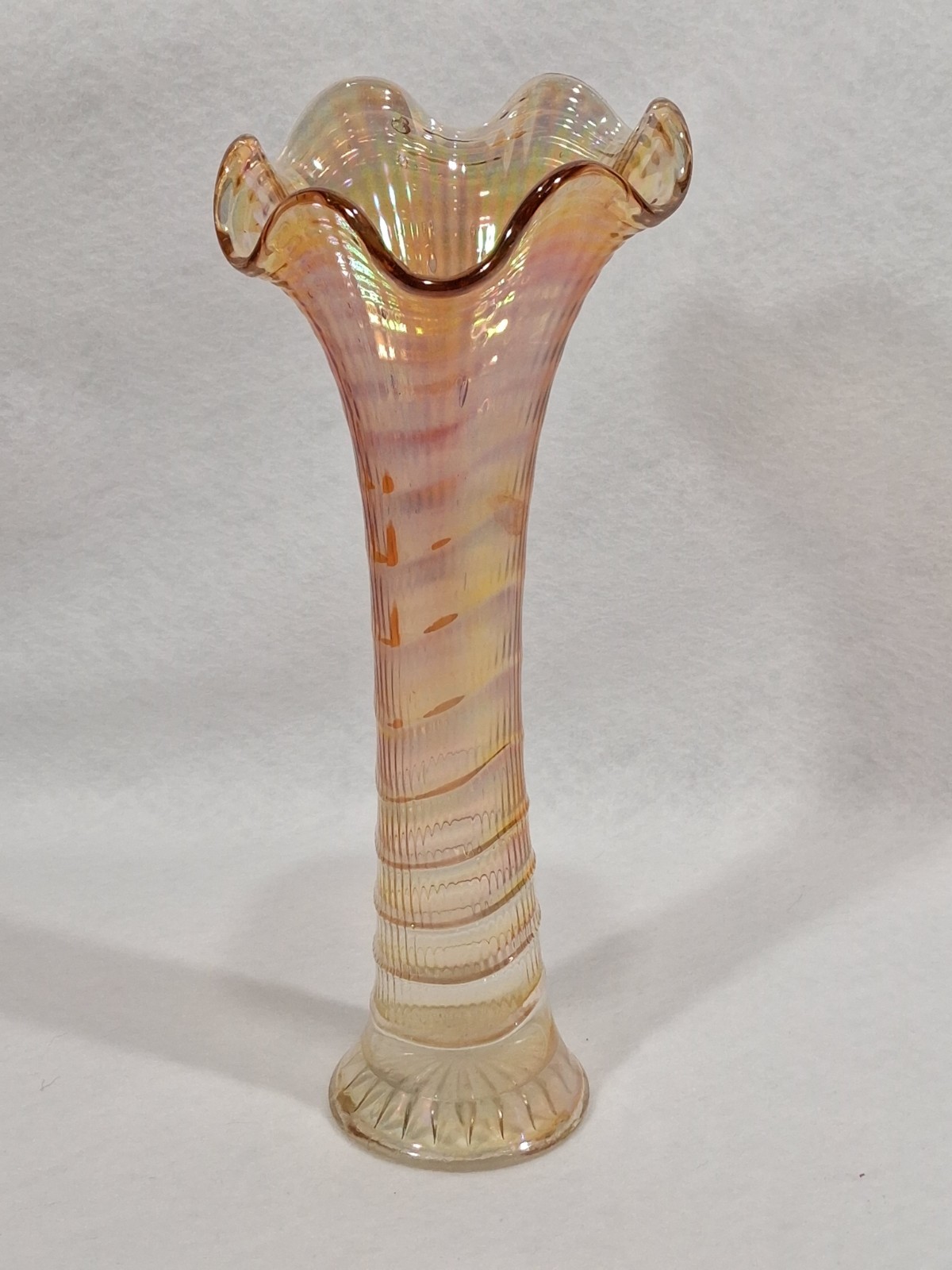 Imperial carnival glass iridescent marigold swung fine ribbed vase vintage 12.5″