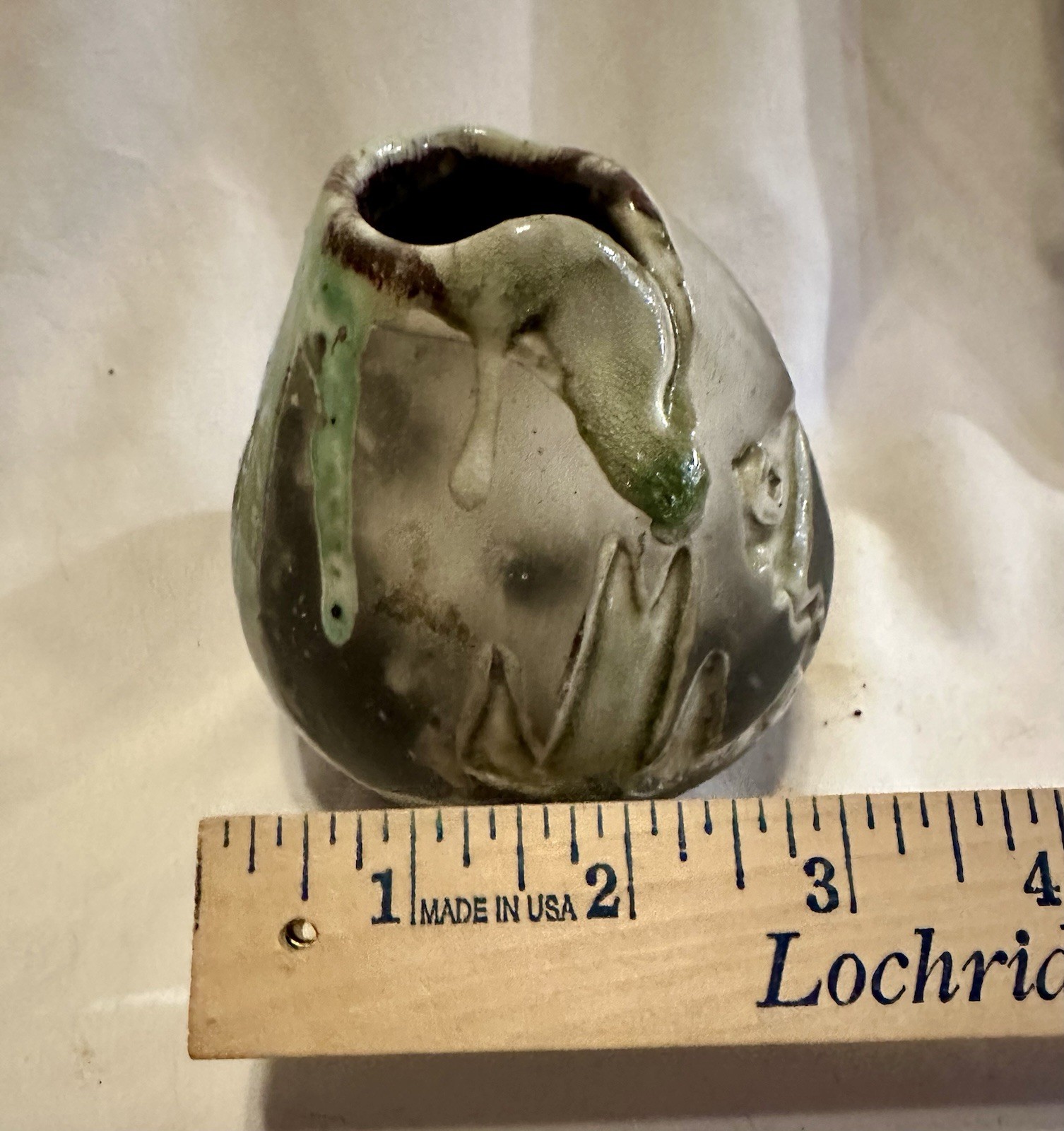 Studio Art Drip Glaze Green Brown Cream On Black Clay Ceramic Primative Etched
