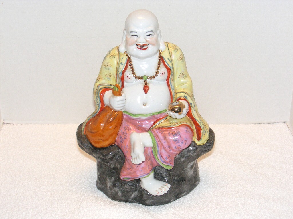 CHINESE PORCELAIN/CERAMIC 12″ BUDDHA GOOD FORTUNE STATUE WITH MARKINGS & #53 GUC