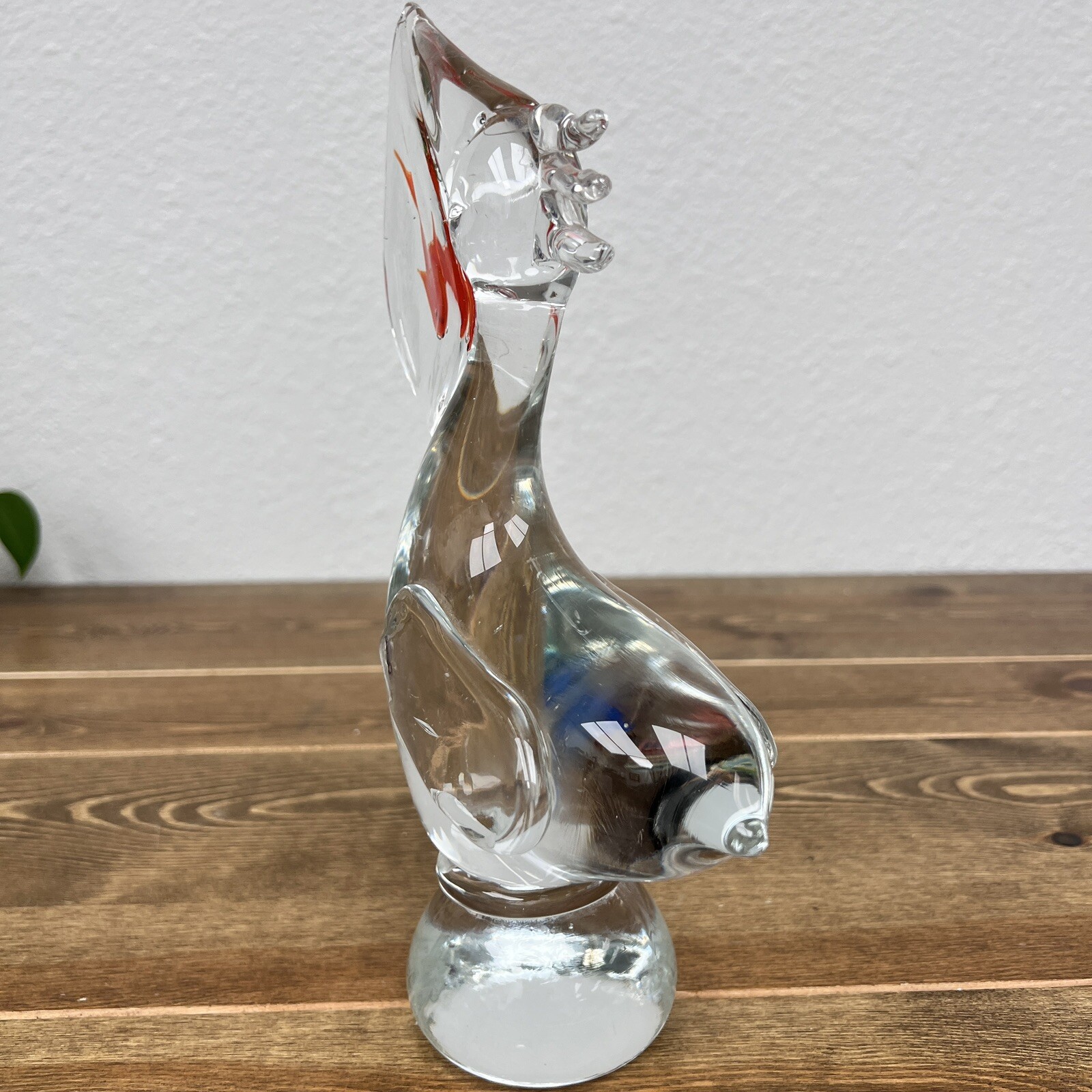 Clear Art Glass Pelican With Fish Sculpture/figurine Orange Fish
