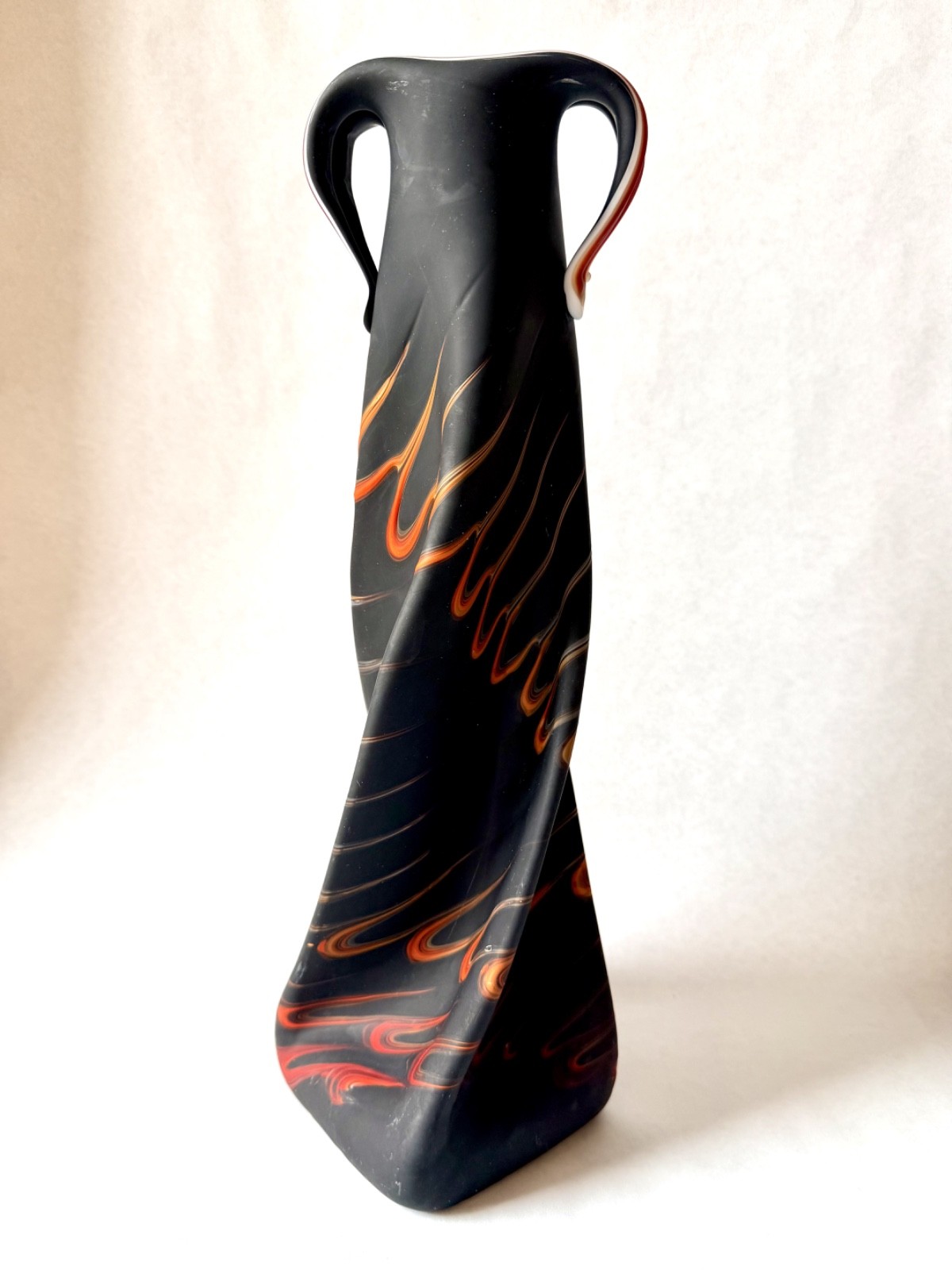 Vintage Azerbaijan Art Glass Vase Black Red Swirl 16.5” Soviet Mid Century Moder