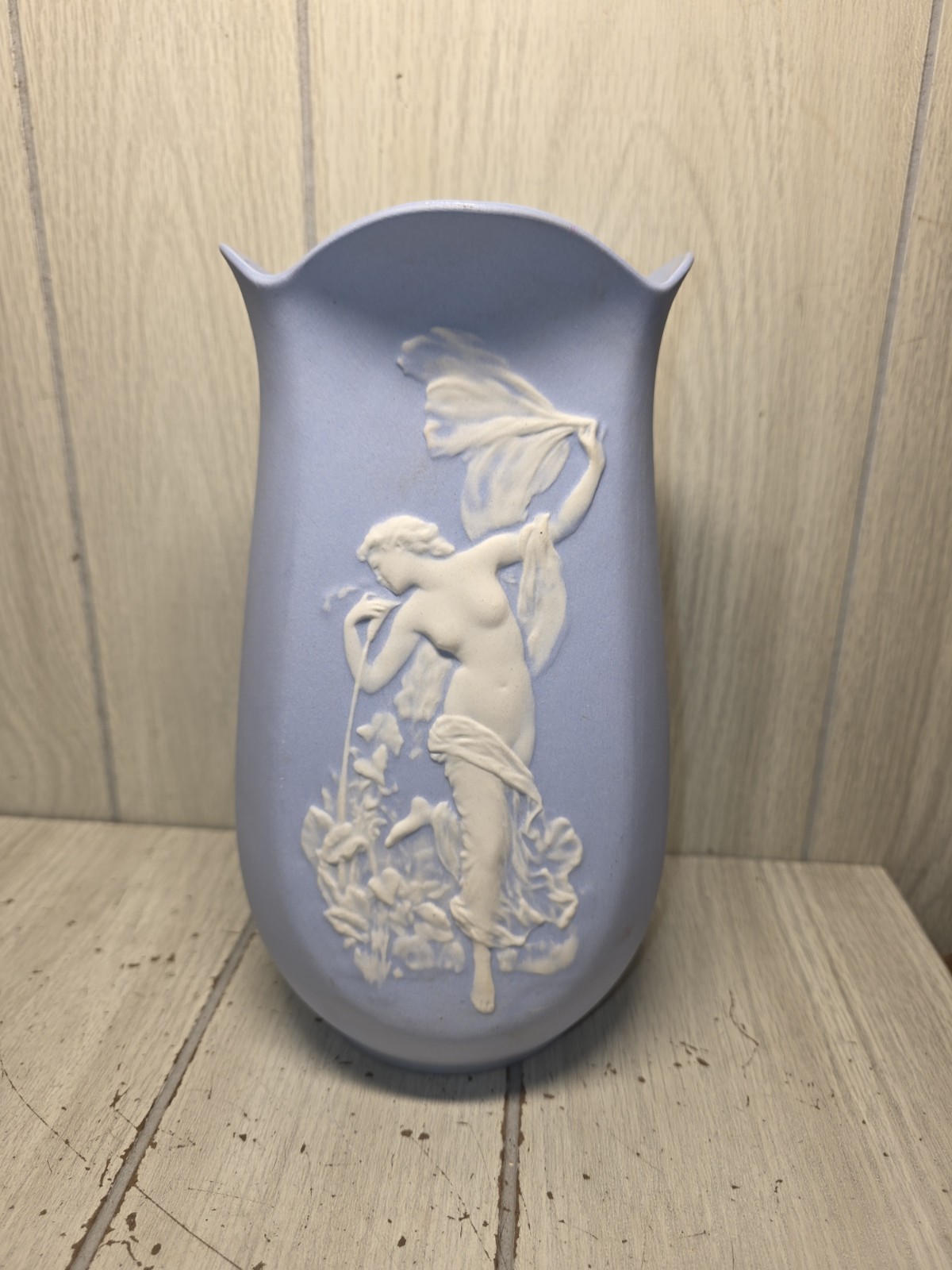 Vintage Made In Russia Bisque Porcelain Vase Blue White Classical Maiden Cameo