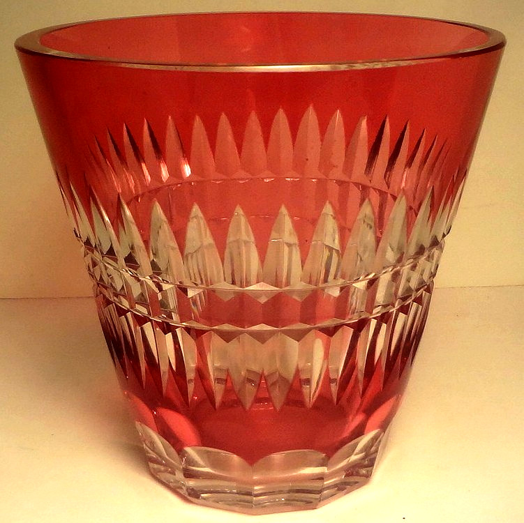 VAL ST. LAMBERT signed CRANBERRY CUT to CLEAR GLASS VASE-SMALL ICE BUCKET -NICE!