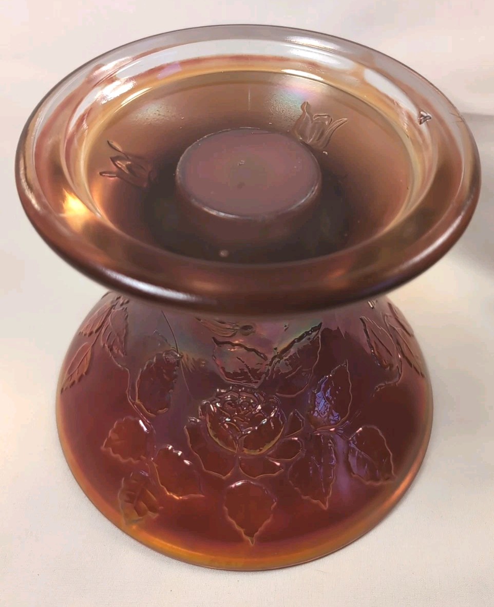 VTG Carnival Glass Marigold Punch Bowl Stand Candle Holder Compote Roses 5″ High