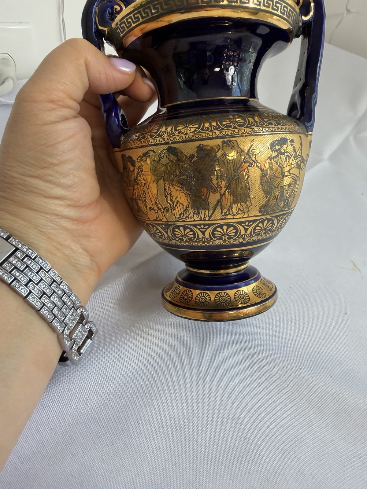 Greek Style Amphora Vase Cobalt Blue Gold Urn Classical Warriors 7” Decorative