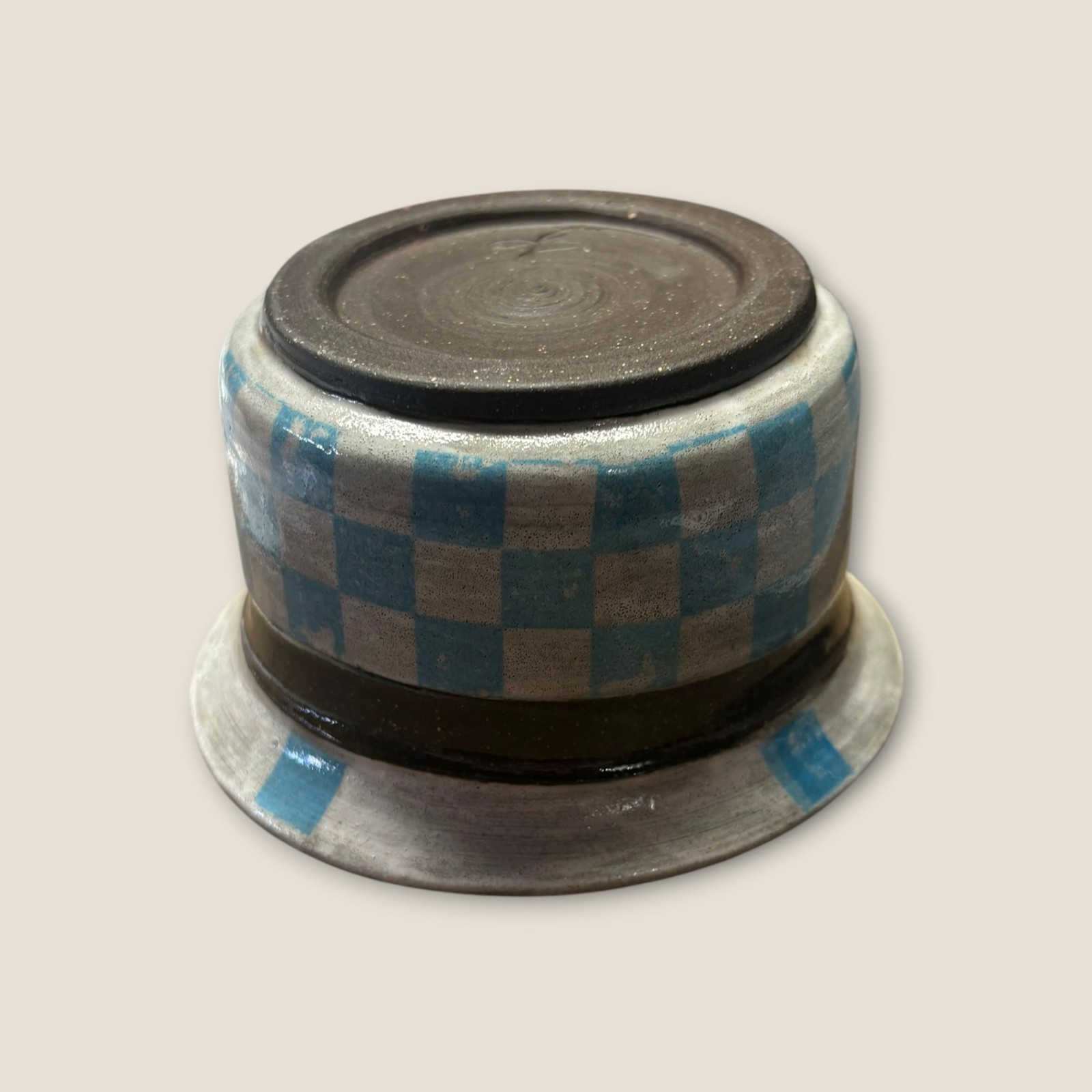 Handmade Ceramic Vase Pottery Brown Blue Checkered Bird Design Modern Art