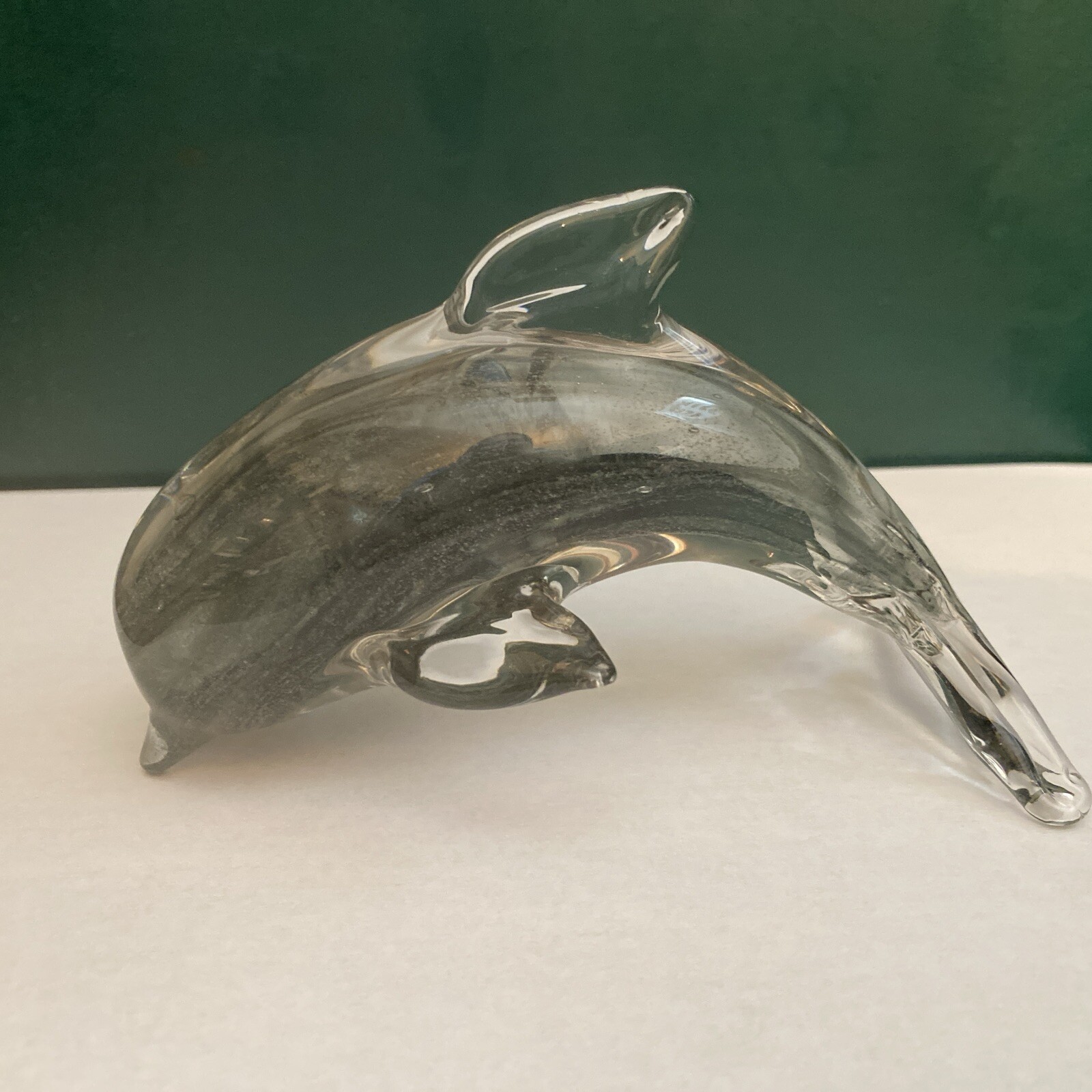 Vtg Art Glass Dolphin Paperweight Clear Blue & Gray Hues Hand Blown Figurine