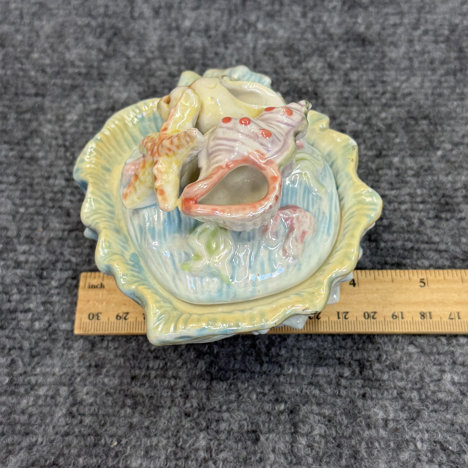 Porcelain Shell Trinket Box Lidded 5.5 In Pastel Colors Starfish Beach Coastal