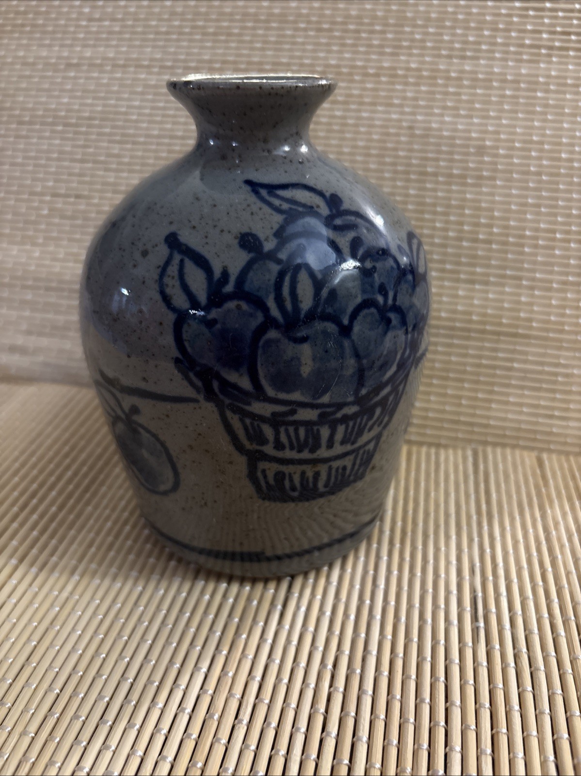 GREAT BAY POTTERY Vase Basket of Apples Theme Hand-Painted Hand-Thrown Vintage