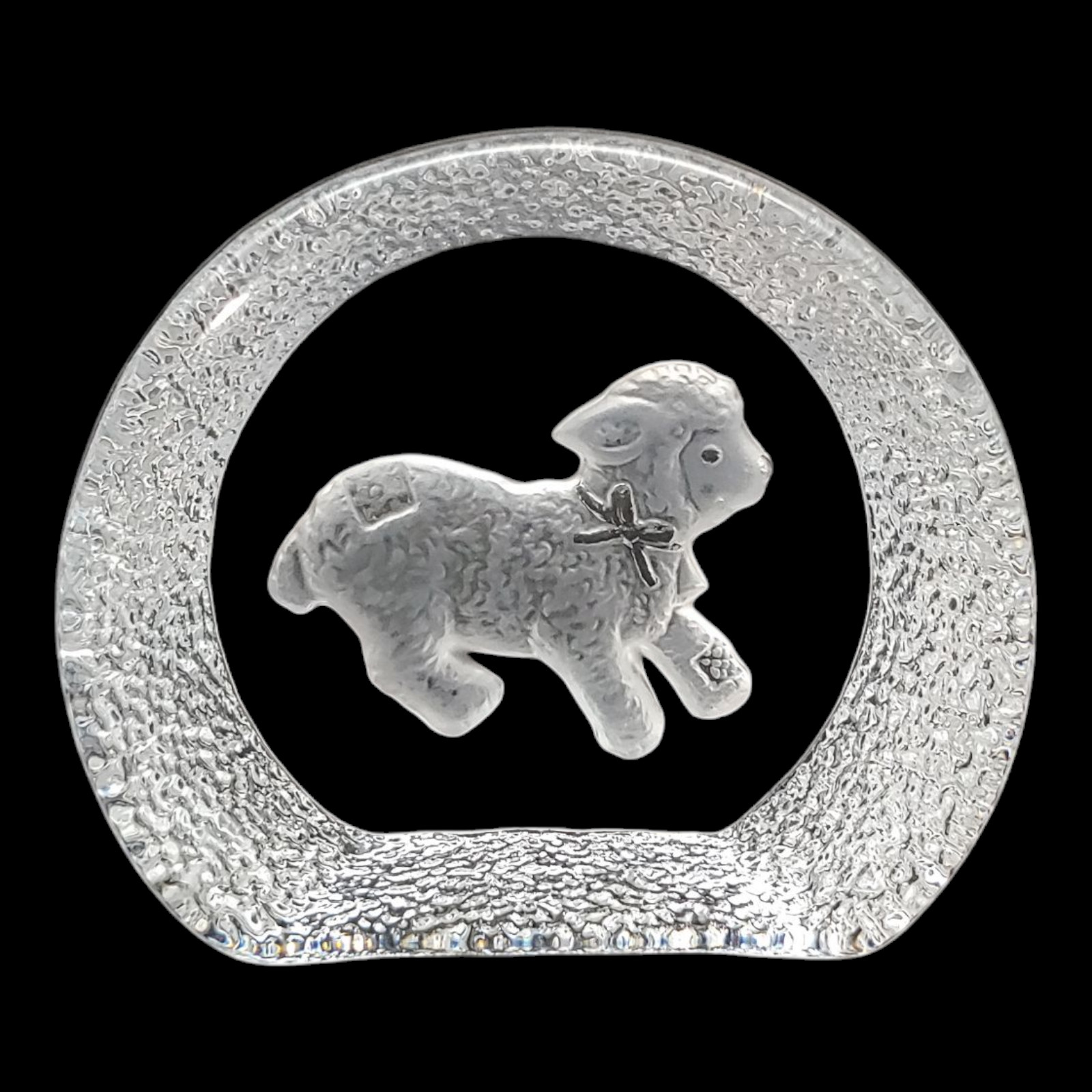 Nybro Etched Glass Lamb Sheep Paperweight, 3.5″ Small Heavy Clear Crystal Sweden