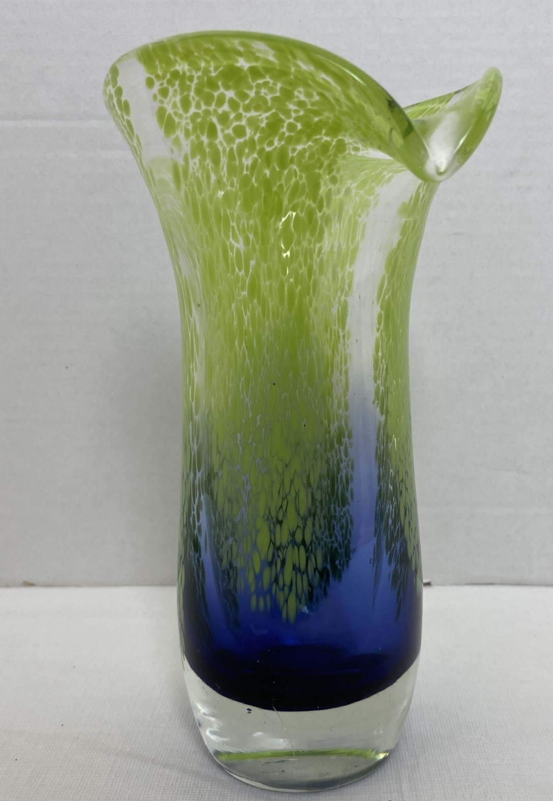 Handcrafted Art Glass Floral Vase Heavy With Blue & Green Swirl Design 7 3/4”