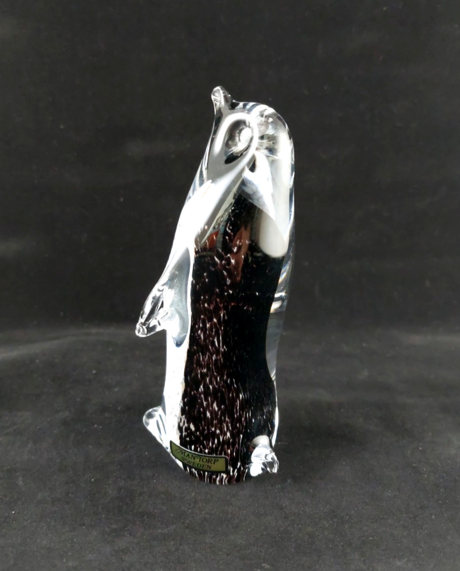 Vintage Mantorp Sweden Art Glass Penguin, Black White Clear, 5 Inches