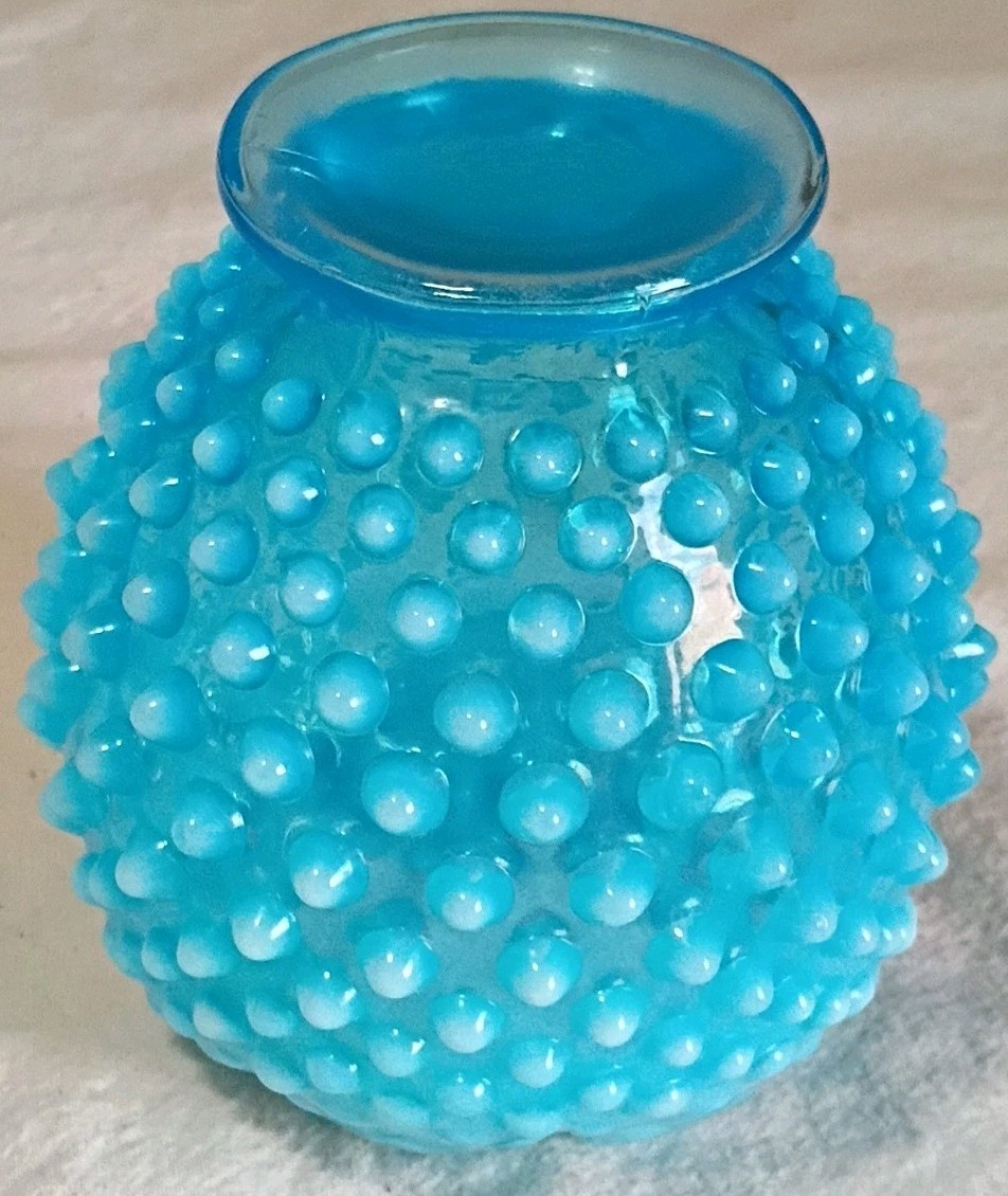 Vintage Fenton Blue Opalescent Rose Bowl Vase 4.5″ B11