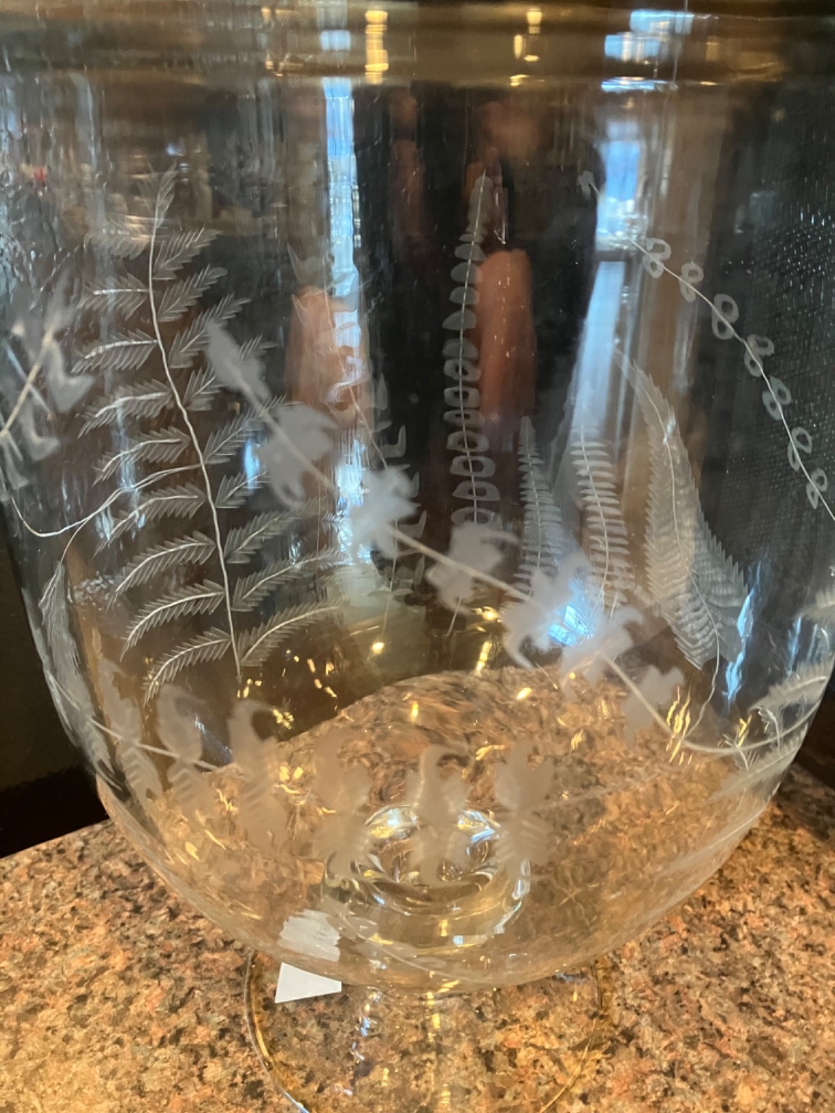 Fern cut and etched Large crystal footed vase/ candle holder 9.75 high 7.25 wide