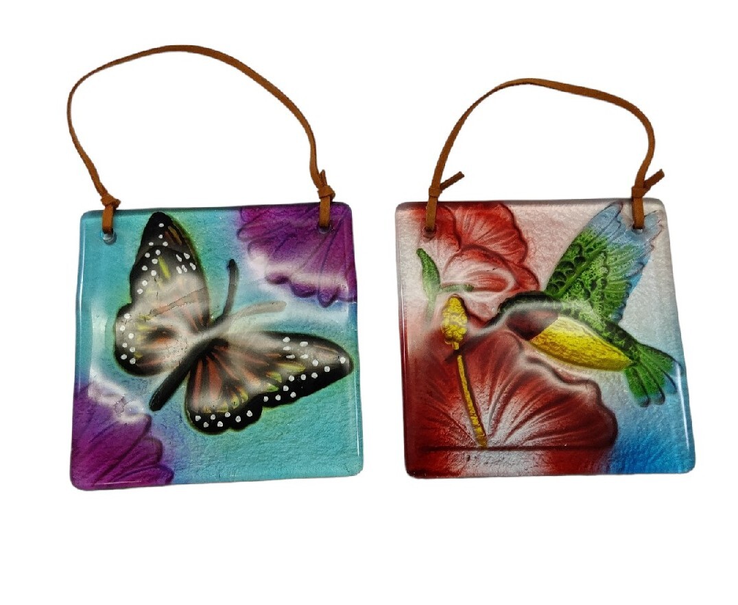 Hummingbird And Butterfly Design Square Glass Suncatchers READ!!!!