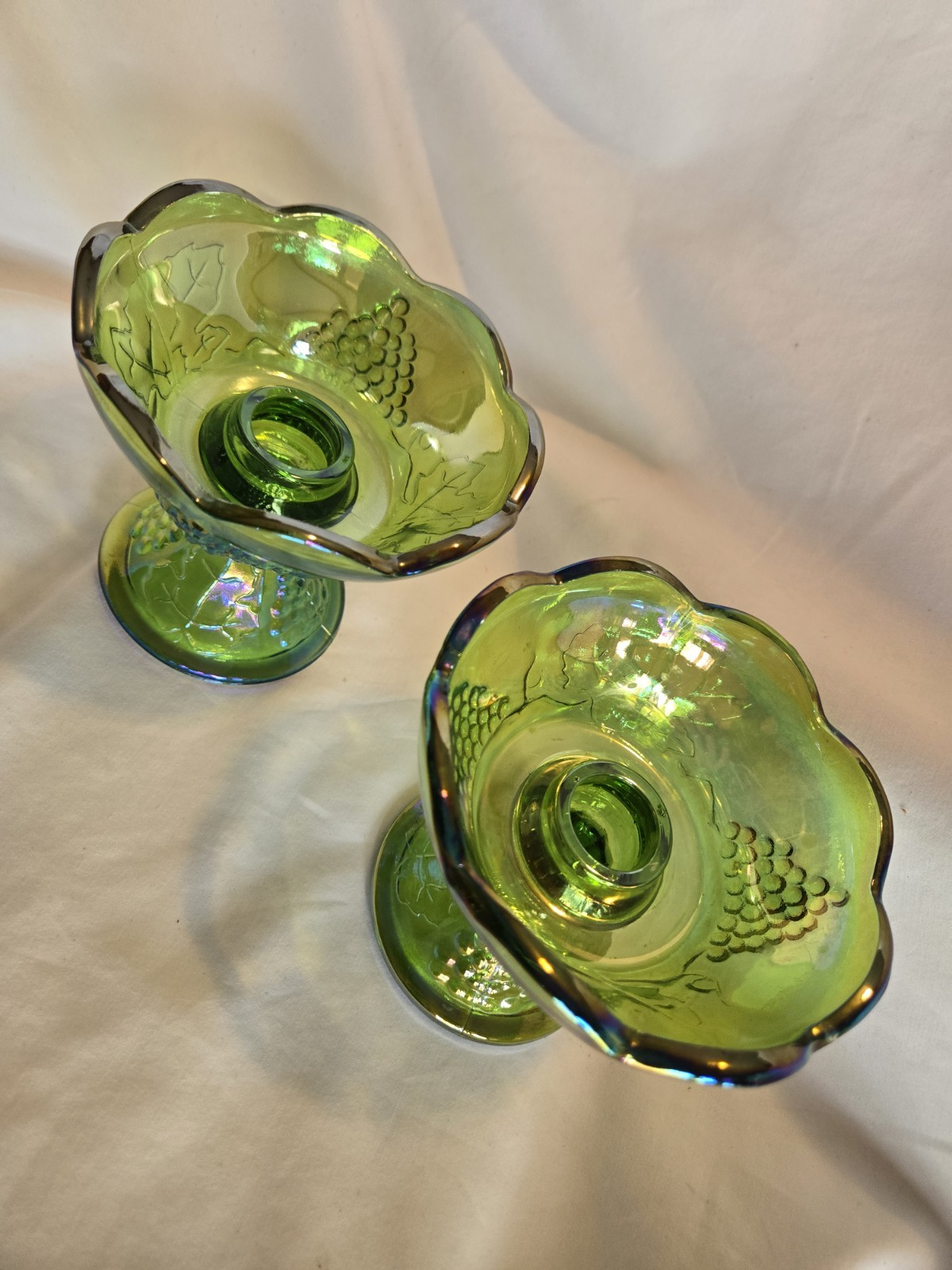PAIR Indiana Glass Carnival Lime Green Iridescent Harvest Grapes Candle Holders