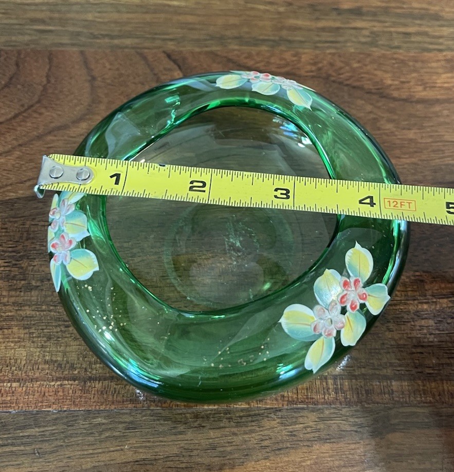 Hand Blown Glass Decorative Green Floral Ashtray Round Glossy 4.75in 2in