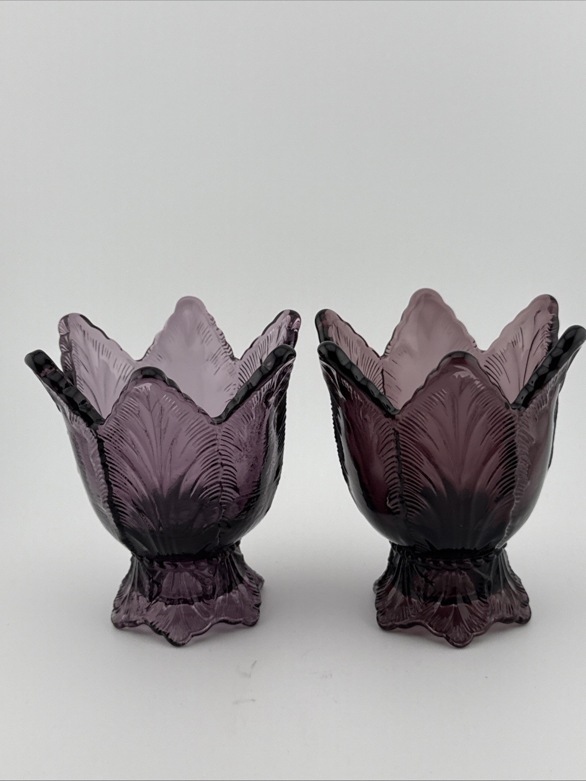 Vintage Fenton Tulip Amethyst Reversible Candle Holder Votive Taper Pair 4.25”