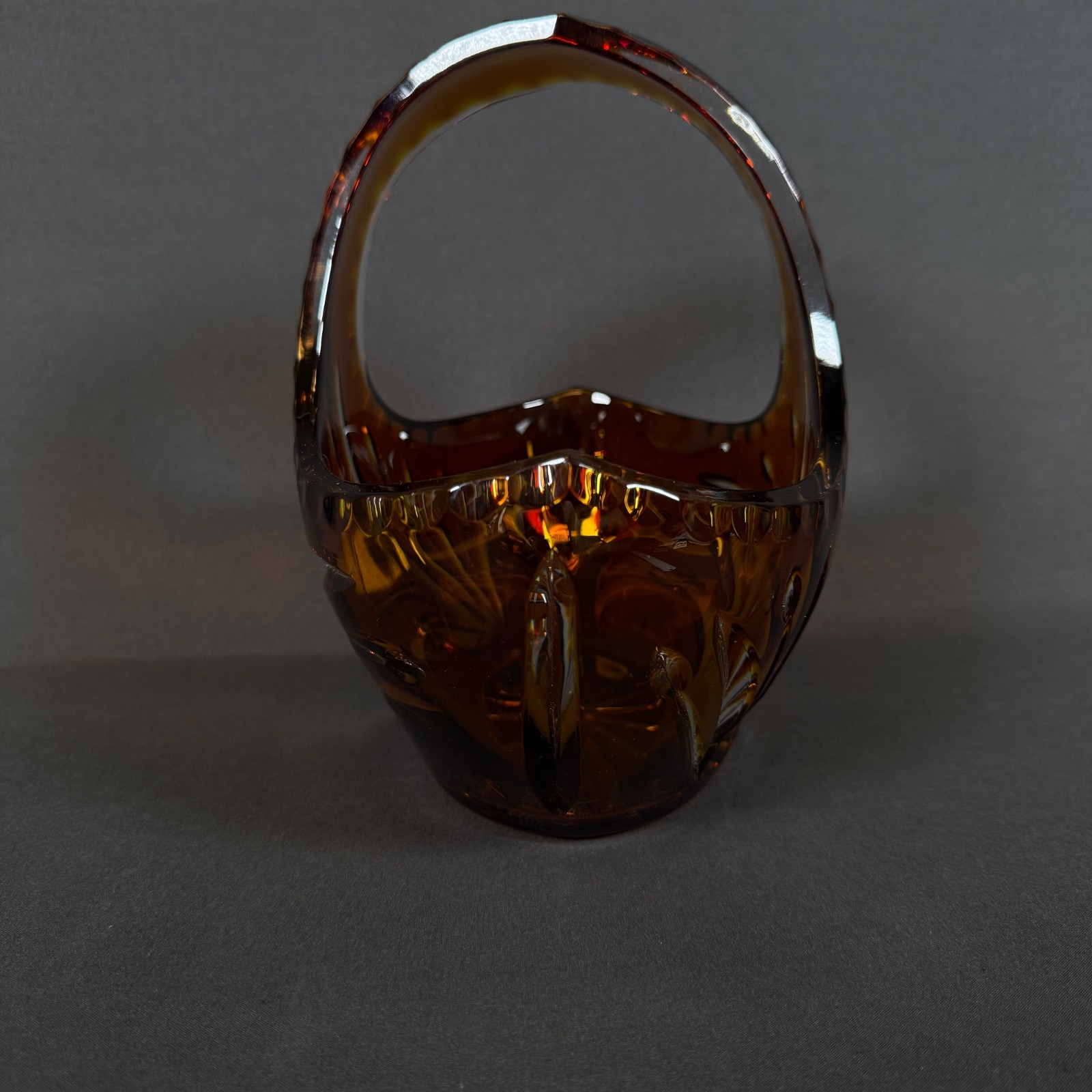 Vintage Heavy Amber Art Glass Handled Basket Candy Dish Centerpiece Bowl 8″h