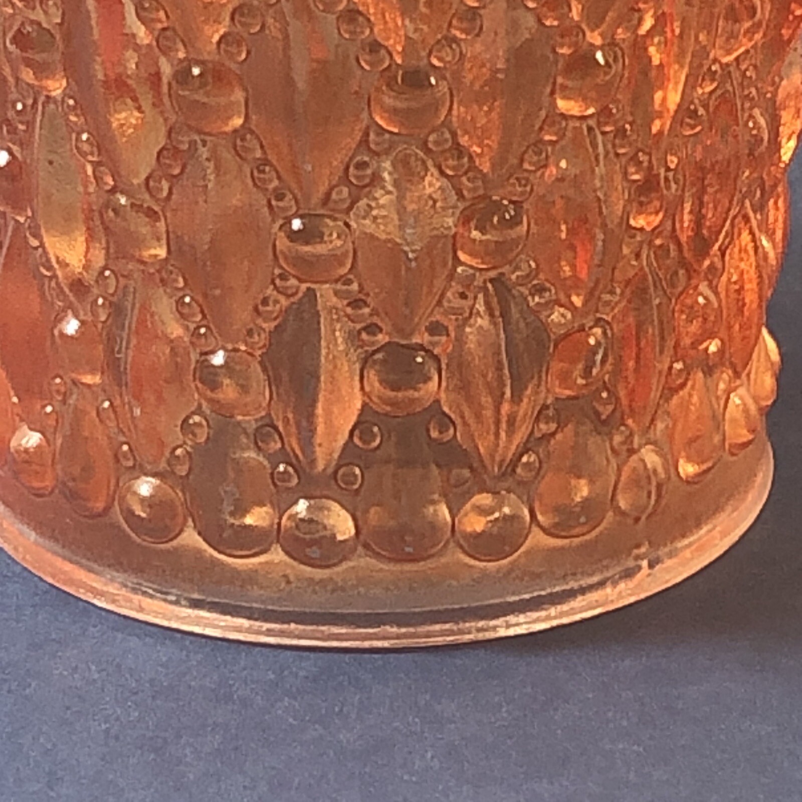 Glass Tealight Candle Holder Peach Color With Diamond Design 2 3/4 inches Tall.